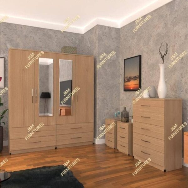 Oak 4 Door 2 Mirrored Wardrobe With Chest Drawer and Bedside Cabinets