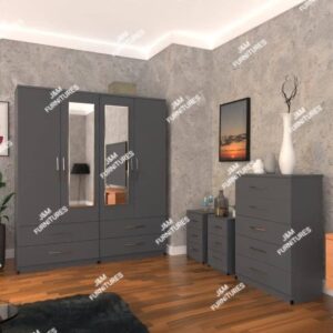 Gray 4 Door 2 Mirrored Wardrobe Set With Chest Drawer and Bedside Cabinets