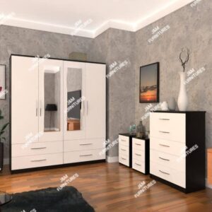 Front White Side Black 4 Door 2 Mirrored Wardrobe Set With Chest Drawer and Bedside Cabinets