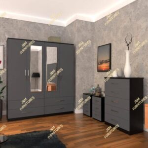 Front Gray Side Black 4 Door 2 Mirrored Wardrobe Set With Chest Drawer and Bedside Cabinets
