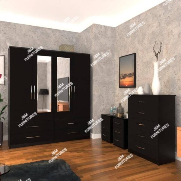 Black 4 Door2 Mirrored Wardrobe Set With Chest Drawer and Bedside Cabinets
