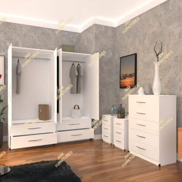 White 4 Door Wardrobe With Chest Drawer and Bedside Cabinets