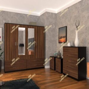Front Walnut Side Black 4 Door 2 Mirrored Wardrobe With Chest Drawer and Bedside Cabinets