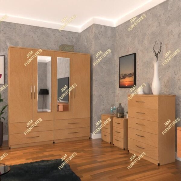 Beech 4 Door 2 Mirrored Wardrobe Set With Chest Drawers and 2 Bedside Cabinets