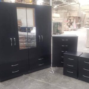 Black 4 Piece 4 Door Wardrobe Set With 3 Drawers and 2 Mirrors