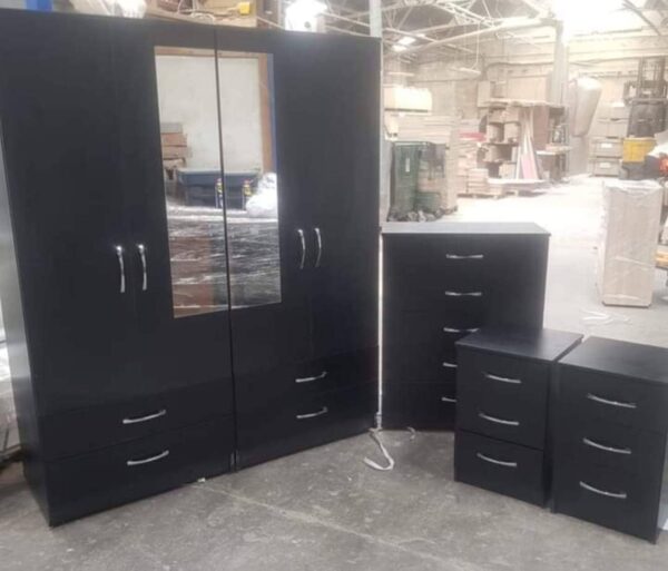 Black 4 Piece 4 Door Wardrobe Set With 3 Drawers and 2 Mirrors