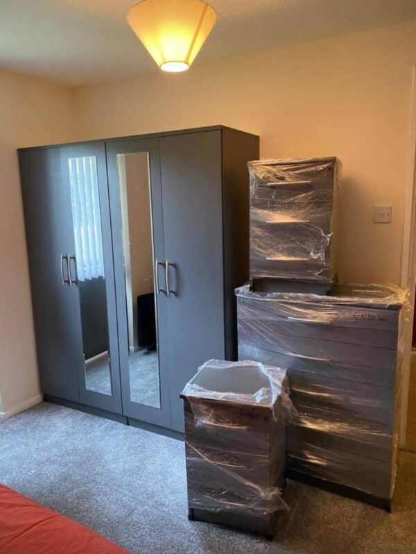 Gray 4 Piece 4 Door Wardrobe Set With 3 Drawers and 2 Mirrors