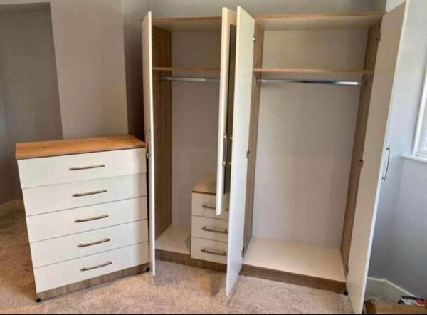 Front White Side Beech 4 Piece 4 Door Wardrobe Set With 1 Chest Drawer