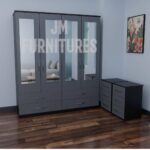 Front Gray Side Black 3 Piece 4 Door Wardrobe Set With 4 Mirrors