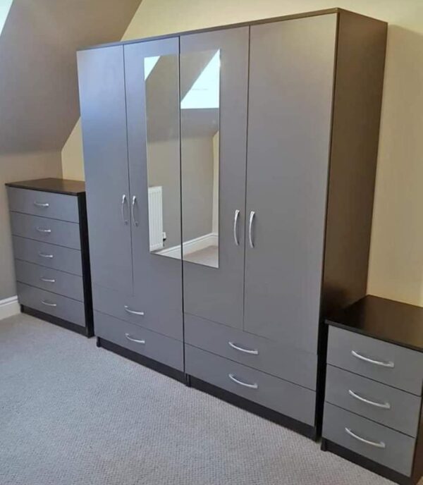 Front Silver Side Black 4 Door Wardrobe Set With 2 Mirrors
