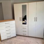 Front White Side Beech4 Door Wardrobe Set With 1 Chest Drawer and 1 Mirror