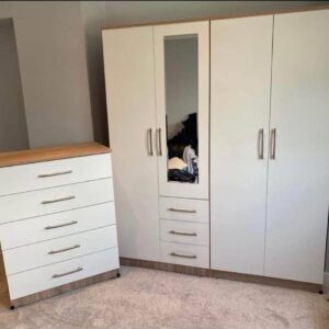 Front White Side Beech4 Door Wardrobe Set With 1 Chest Drawer and 1 Mirror