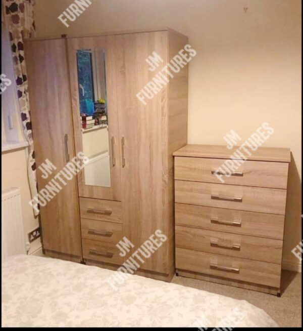 Beech 3 Door Wardrobe With Chest Drawer and 1 Mirror