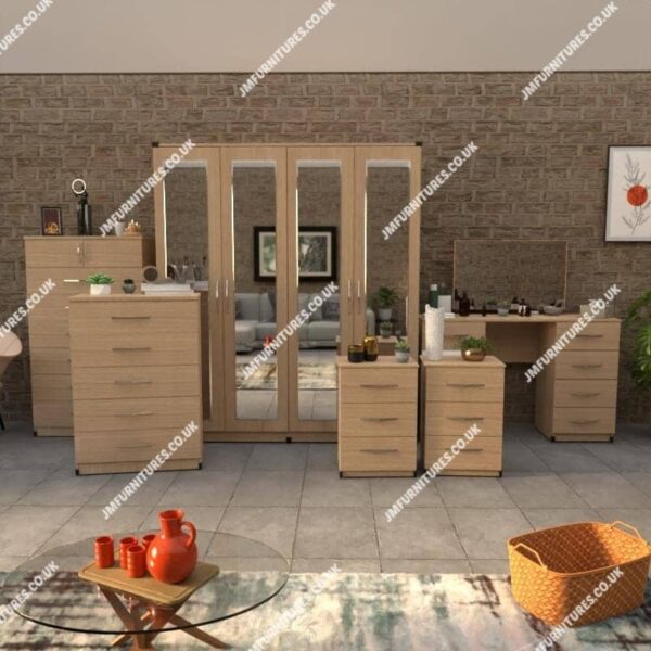 Oak 6 Pieces 4 Door Wardrobe Set With 4 Mirrors