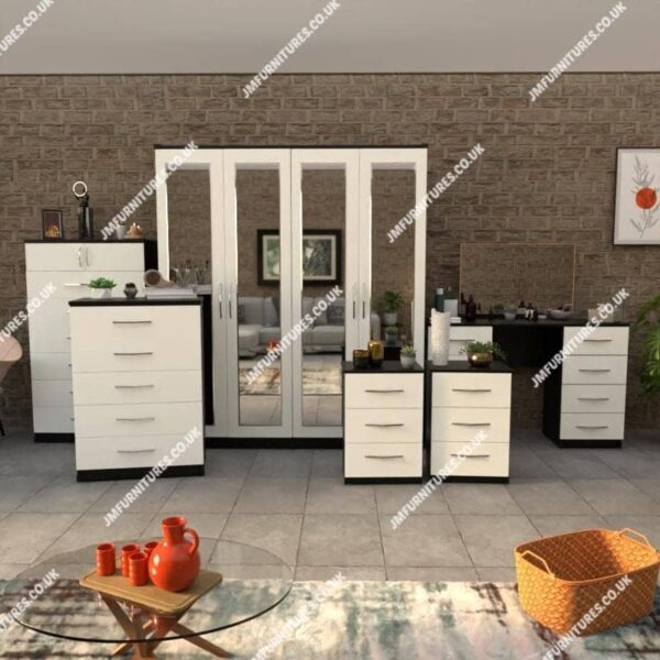 Front White Side Black 6 Pieces 4 Door Wardrobe Set With 4 Mirrors