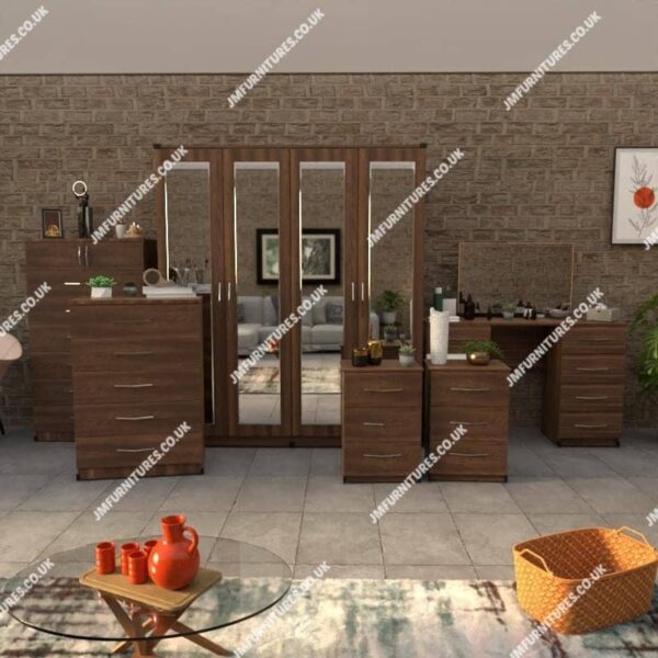 Walnut 6 Pieces 4 Door Wardrobe Set With 4 Mirrors