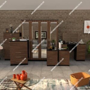 Front Walnut Side Black 6 Pieces 4 Door Wardrobe Set With 4 Mirrors