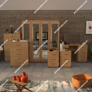 Beech 6 Pieces 4 Door Wardrobe Set With 4 Mirrors