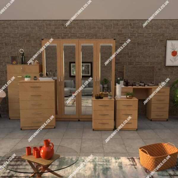 Beech 6 Pieces 4 Door Wardrobe Set With 4 Mirrors