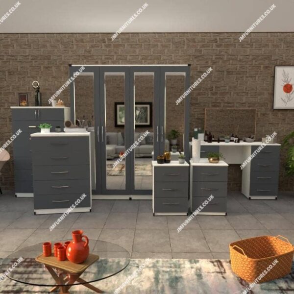 Front Gray Side White 6 Pieces 4 Door Wardrobe Set With 4 Mirrors