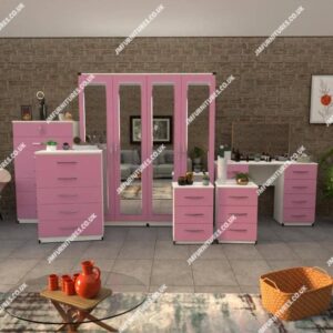 Front Pink Side White 6 Pieces 4 Door Wardrobe Set With 4 Mirrors