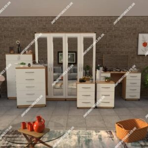 Front White Side Beech6 Pieces 4 Door Wardrobe Set 4 Mirrors