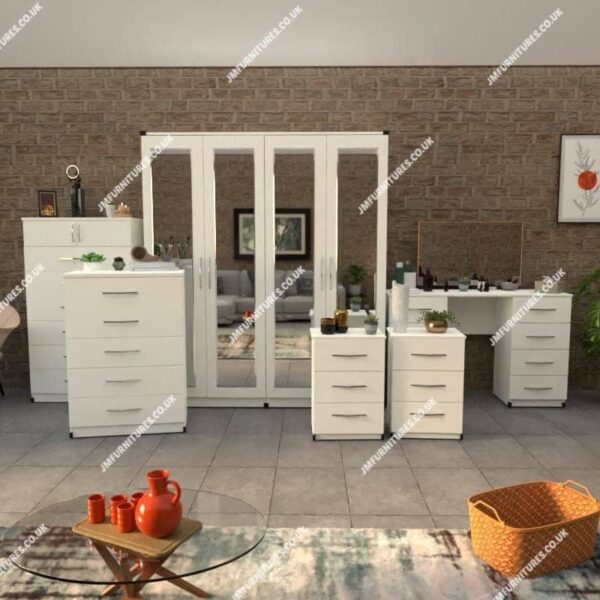 White 6 Pieces 4 Door Wardrobe Set With 4 Mirrors