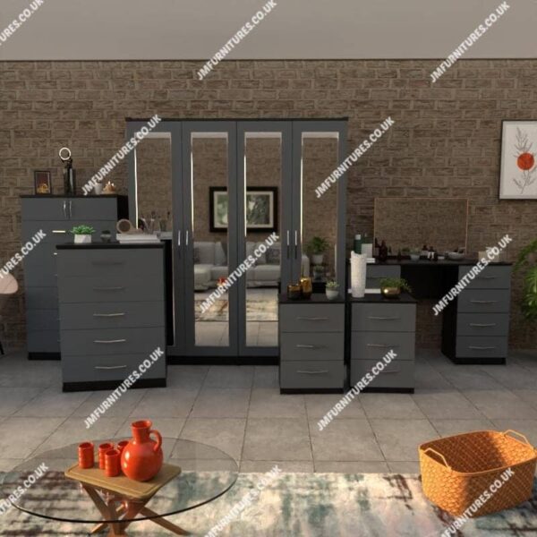 Front Gray Side Black 6 Pieces 4 Door Wardrobe Set With 4 Mirrors