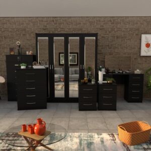 Black 6 Piece 4 Door Wardrobe Set With 4 Mirrors