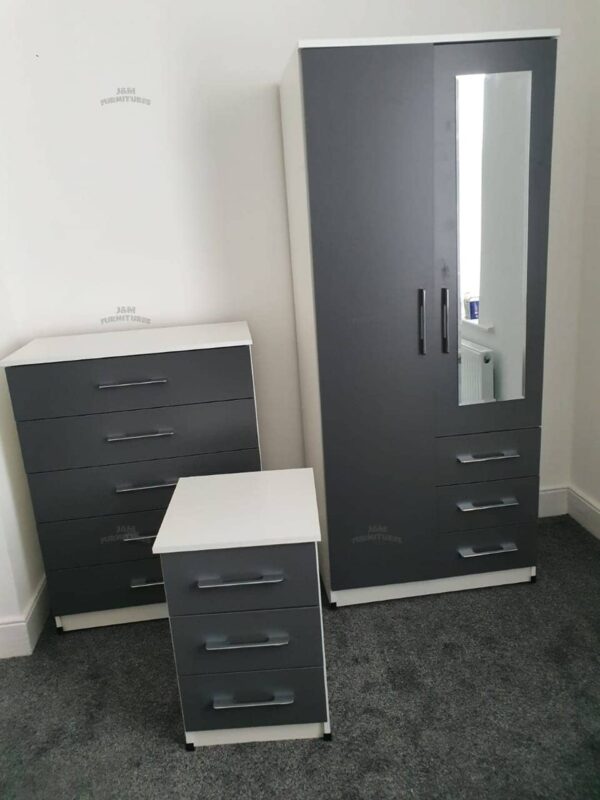 Front Gray Side White 2 Door Wardrobe Combi With Chest Drawer and Bedside Cabinets