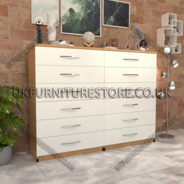 Front White Side Oak 6+6 Double Slim Drawer Chest Drawer