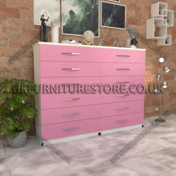 Front Pink Side White 6+6 Double Slim Drawer Chest Drawer