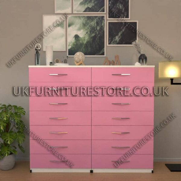 Front Pink Side White 7+7 Double Slim Drawer Chest Drawer
