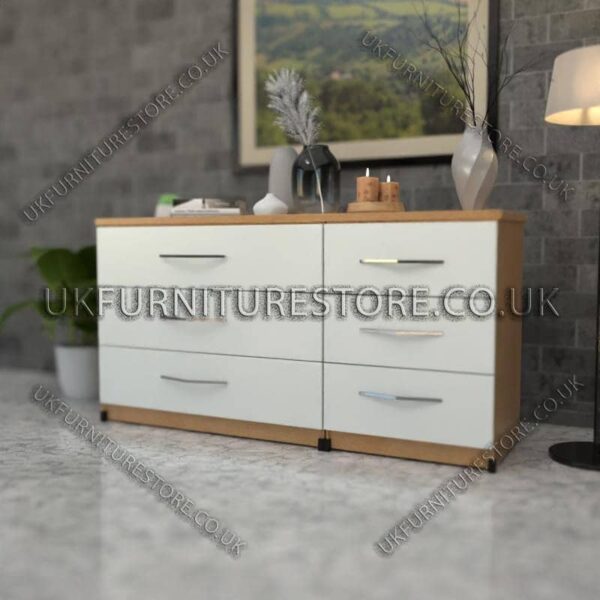 Front White Side Beech 3+3 Double Slim Drawers Chest