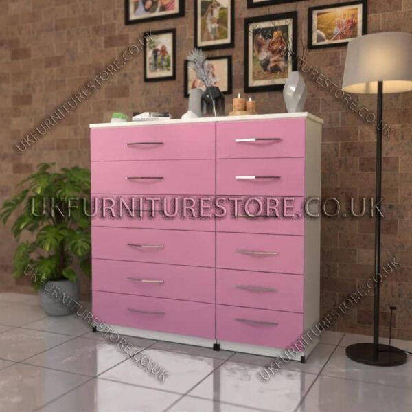 Front Pink Side White 6+6 Double Slim Drawers Chest