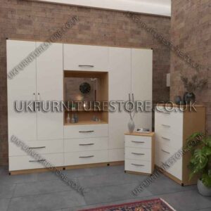 Front White Side Beech 4 Door 2 Mirrored Wardrobe, Vanity, Drawers, Chest Set