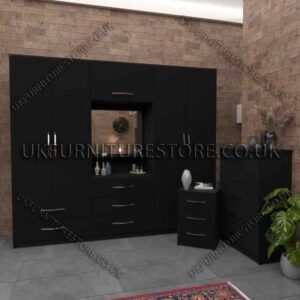 Black 4 Door Wardrobe, Vanity, Chest, Drawers & Bedside Set