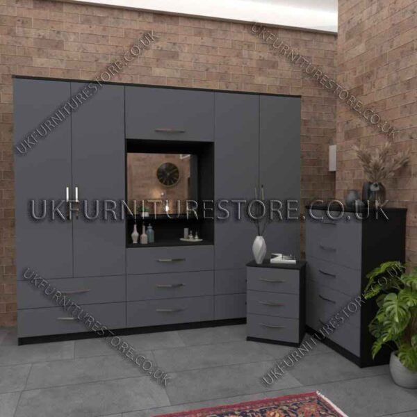 Font Gray Side Black 4 Door Wardrobe, Vanity, Chest, Drawers & Bedside Set