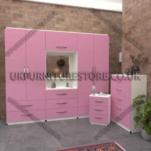 Front Pink Side White 4 Door Wardrobe, Vanity, Chest, Drawers & Bedside Set