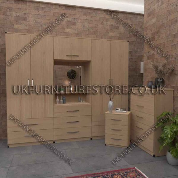 Beech 4 Door Wardrobe, Vanity, Chest, Drawers & Bedside Set