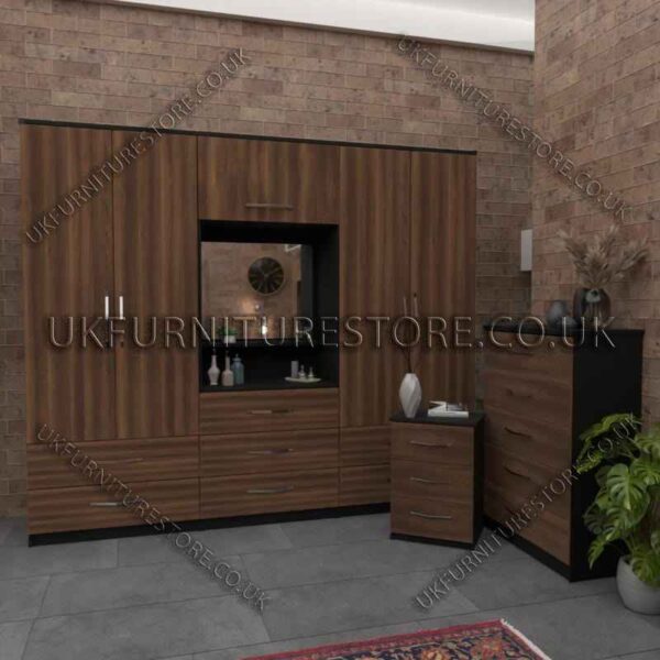 Front Walnut Side Black 4 Door Wardrobe, Vanity, Chest, Drawers & Bedside Set
