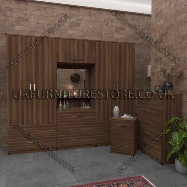 Walnut 4 Door Wardrobe Set, Vanity, Chest, Drawers & Bedside