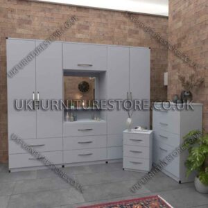 Silver 4 Door Wardrobe Set, Vanity, Chest, Drawers & Bedside