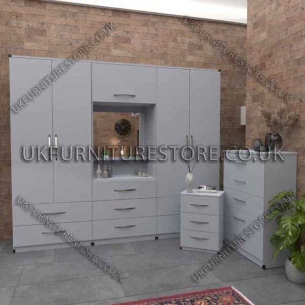 Silver 4 Door Wardrobe Set, Vanity, Chest, Drawers & Bedside