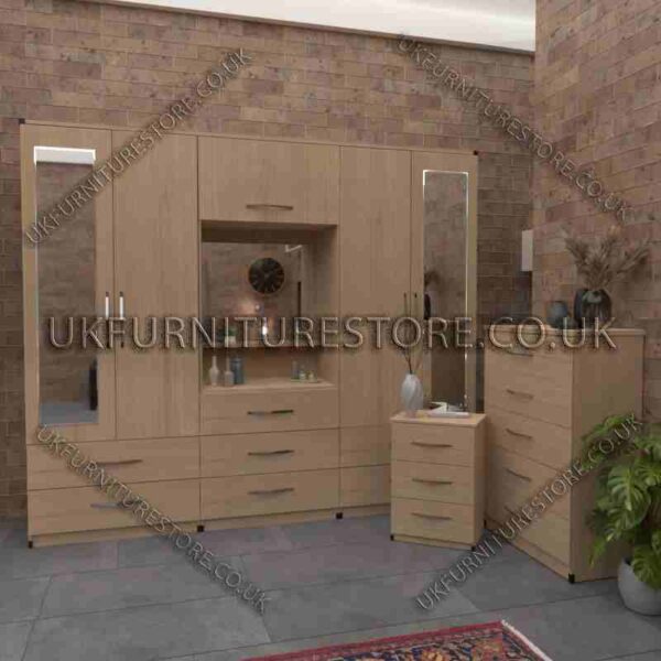 Beech 4 Door 2 Mirrored Wardrobe, Vanity, Drawers, Chest Set