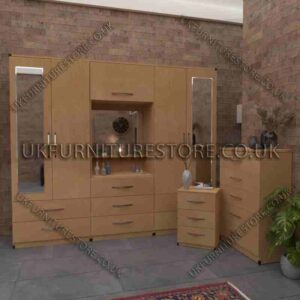 Beech 4 Door 2 Mirrored Wardrobe, Vanity, Drawers, Chest Set