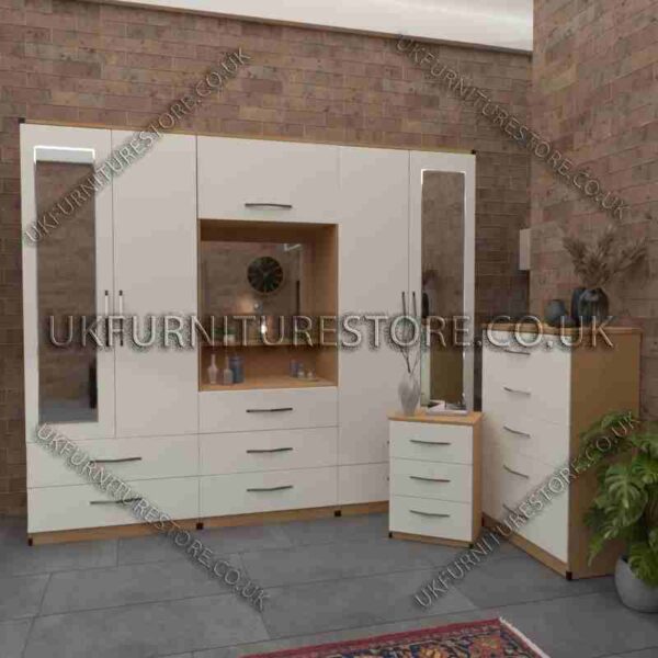 Front White Side Beech 4 Door 2 Mirrored Wardrobe, Vanity, Drawers, Chest Set