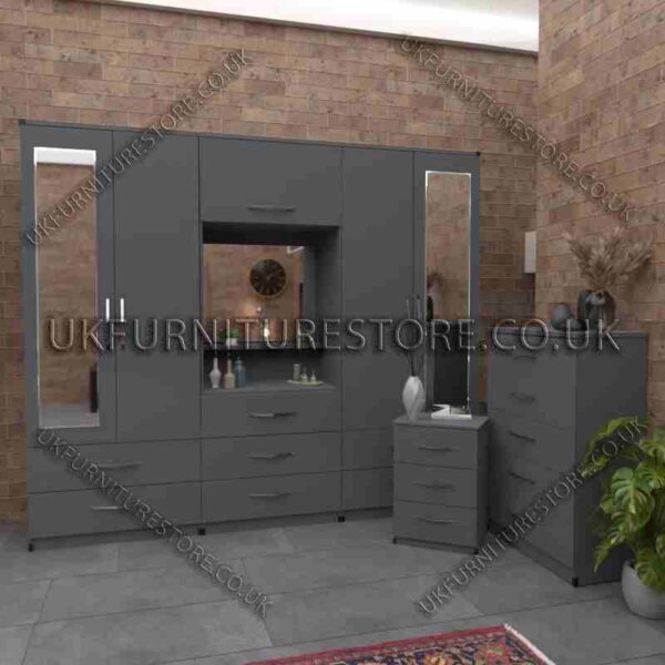 Gray 4 Door 2 Mirrored Wardrobe, Vanity, Drawers, Chest Set