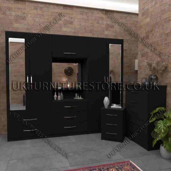 Black 4 Door 2 Mirrored Wardrobe, Vanity, Drawers, Chest Set