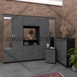 Front Gray Side Black 4 Door 2 Mirrored Wardrobe, Vanity, Drawers, Chest Set
